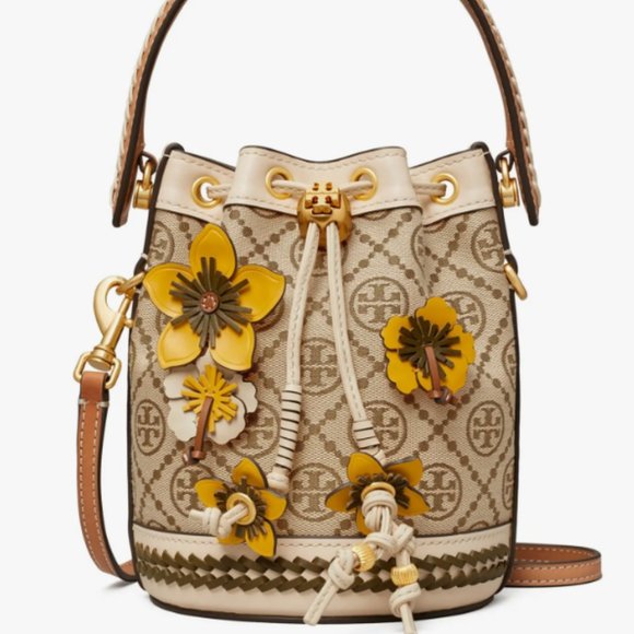 Tory Burch Handbags - {Tory Burch} T MONOGRAM MINI BRAIDED BUCKET CROSSBODY IN HAZELNUT/ROLLED BRASS